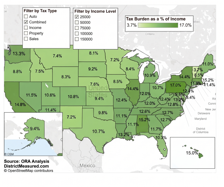 U.S. map depicting total tax burdens by state in 2014 as a percentage of income; states are shaded from light green (low burden around 3.7%) to dark green (high burden around 17%), highlighting high-burden states like New York and Connecticut and lower-burden states such as Alaska.